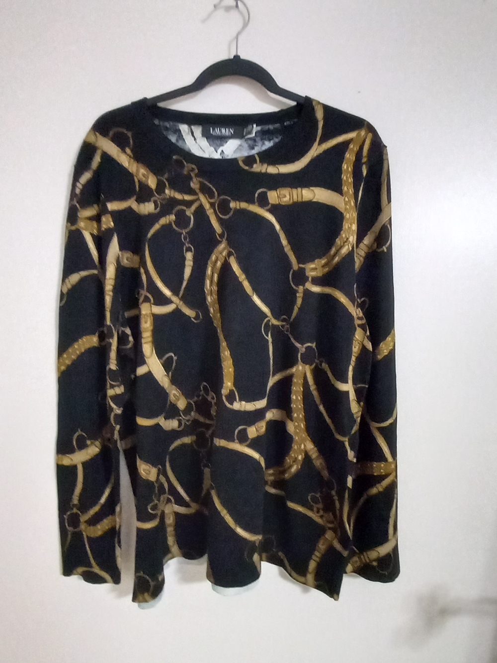 Black Label Ralph Lauren 3X Sweater Top with Metallic Gold Chain & Bridle Motif
